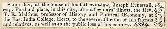 Death notice for Rev. T.R. Malthus 1834