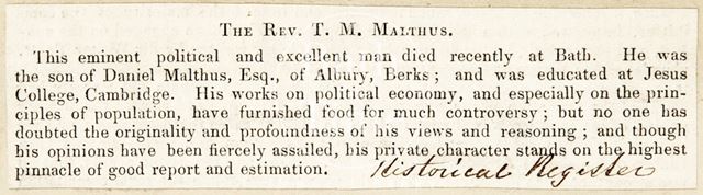 Announcing recent death of the Rev. T.R. Malthus at Bath 1834