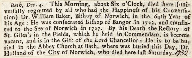 Death notice for Dr. William Baker (Bishop of Norwich) and burial of Dr. Holland of Norwich 1732