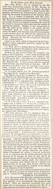 Letter to The Editor of Bath Journal from Thomas Falconer, M.D. 1829