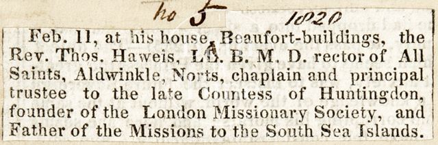 The death notice for Rev. Thomas Haweis L.D. B.M.D Rector of All Saints, Aldwinkle, Northamptonshire 1820