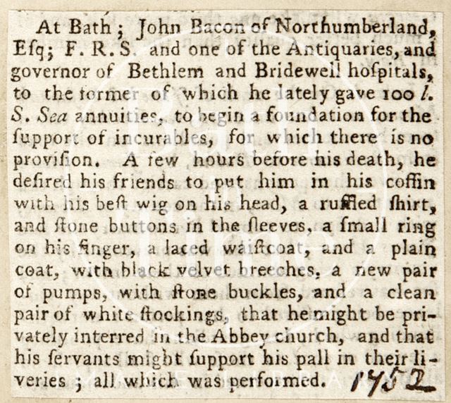 Description of death of John Bacon 1752