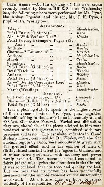 Opening of the new organ at Bath Abbey 1868