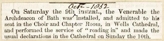 Archdeacon of Bath was installed at Wells Cathedral, Somerset 1832