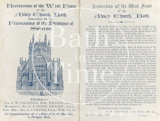 Restoration of West Front of Abbey Church Bath undertaken by Freemasons of the Province of Somerset 1865