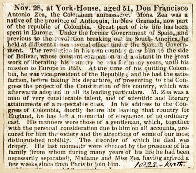 Obituary of Don Francisco Antonia Zea, Columbian Ambassador (1766-1822) 1822