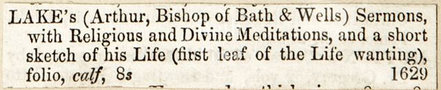 Lake's Sermons, book catalogue entry c.1850