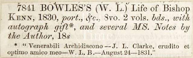 Bowles's (W.L.), Life of Bishop Kenn c.1850