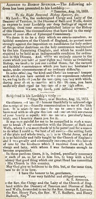 Address to Bishop Spencer written from Taunton 1853