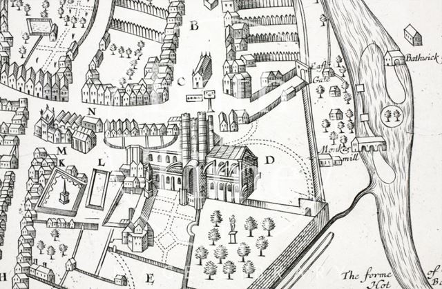 Bath as depicted in John Speed's Map of Somersetshire (1610) c.1860-1880 - detail