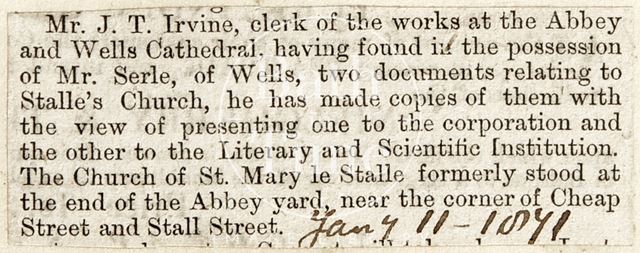 Discovery of documents relating to the Church of St. Mary le Stalle, Bath 1871