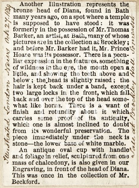 Bronze head of Diana, Bath 1849