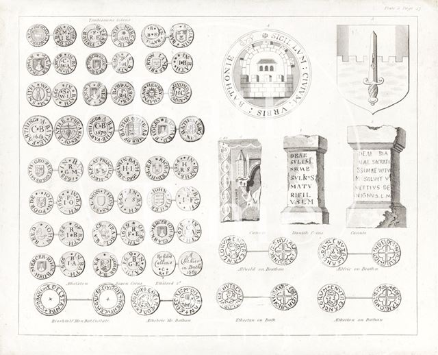 Tokens and Saxon coins, Roman antiquities and a city seal, Bath 1801