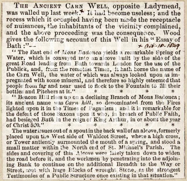 Ancient Carn well walled up in Ladymead, Bath 1849