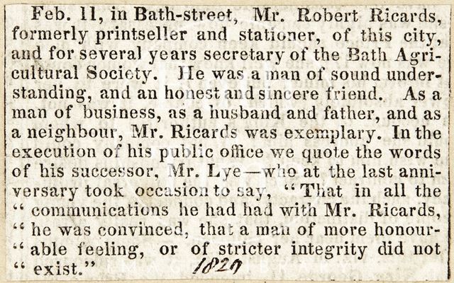 Obituary of Mr. Robert Ricards 1829