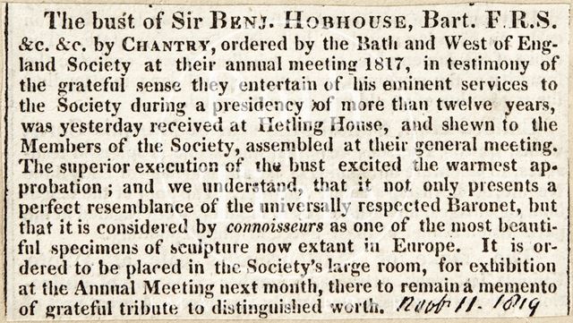 Bust of Sir Benjamin Hobhouse received at Hetling House, Bath 1819