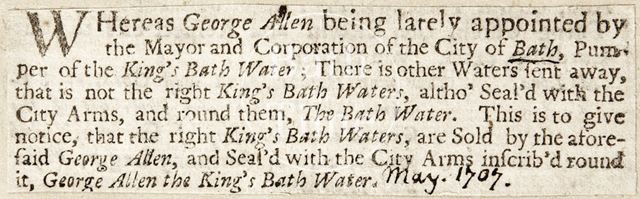 Appointment of George Allen as Pumper of the King's Bath Water, Bath 1707