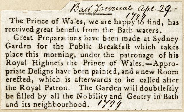 The Prince of Wales has received great benefit from the Bath waters 1799