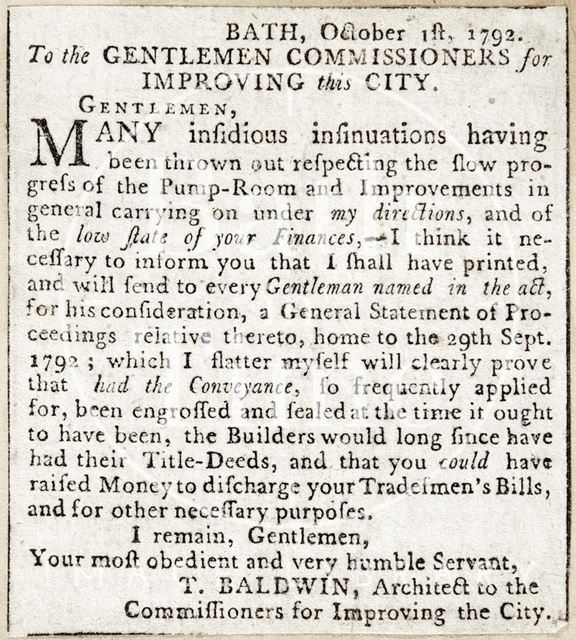 To the Gentlemen Commissioners for Improving this City, Bath 1792