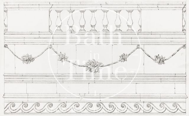 Details of Balustrade and stonework swags from the Hot Bath, Bath 1857