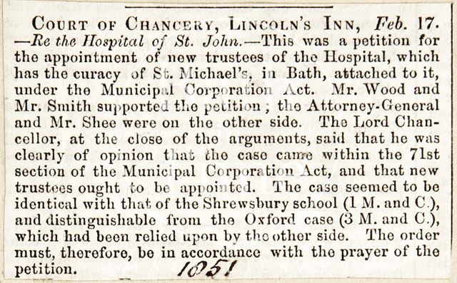 Court of Chancery Lincoln's Inn, regarding the Hospital of St. John 1851