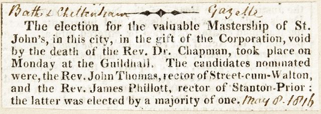 The election of the Mastership of St. John's, Bath 1816