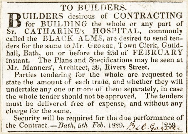 To builders for the building of St. Catherine's Hospital, Bath 1829