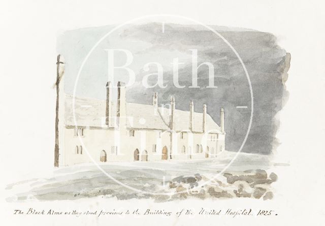 The Black Alms as they stood previous to the building of The United Hospital, Bath 1825