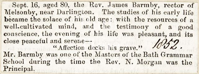 Death notice of Rev. James Barmby 1852