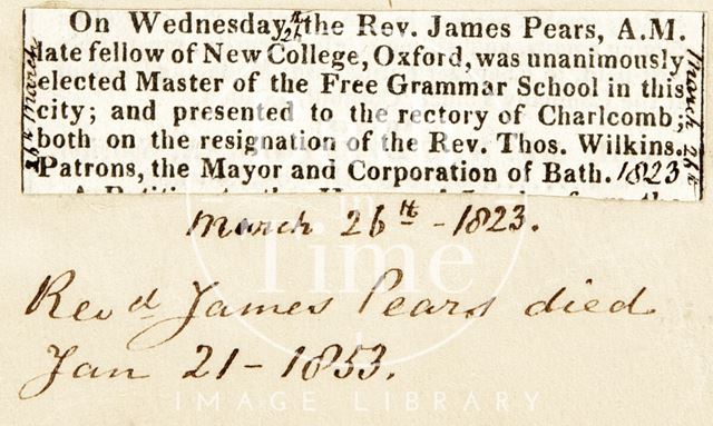 Election of Rev. James Pears as Master of the Free Grammar School in Bath 1823