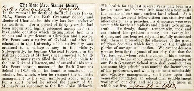 Obituary for Rev. James Pears, January 26th 1853