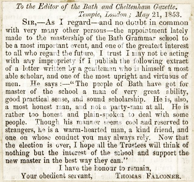 Description of the new Master of Bath Grammar School 1853