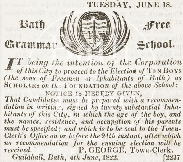 Bath Free Grammar School, election of boys, June 18th 1822