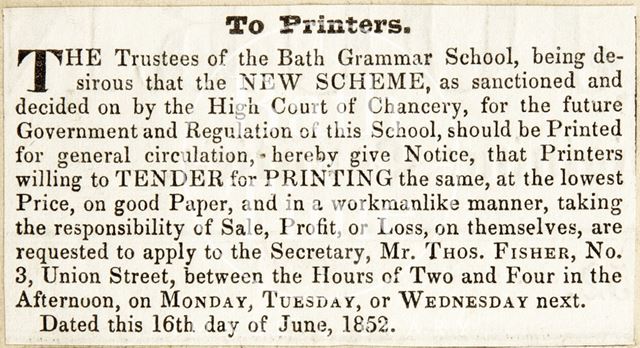 To Printers, Bath Grammar School 1852