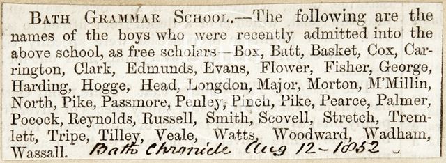 Bath Grammar School Free Scholars 1852