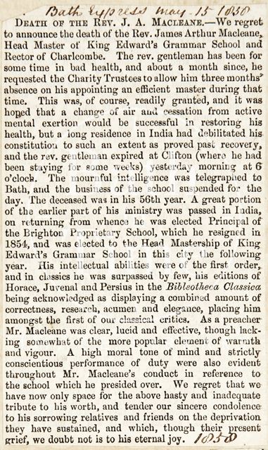 Obituary of Rev. J. A. Macleane 1858