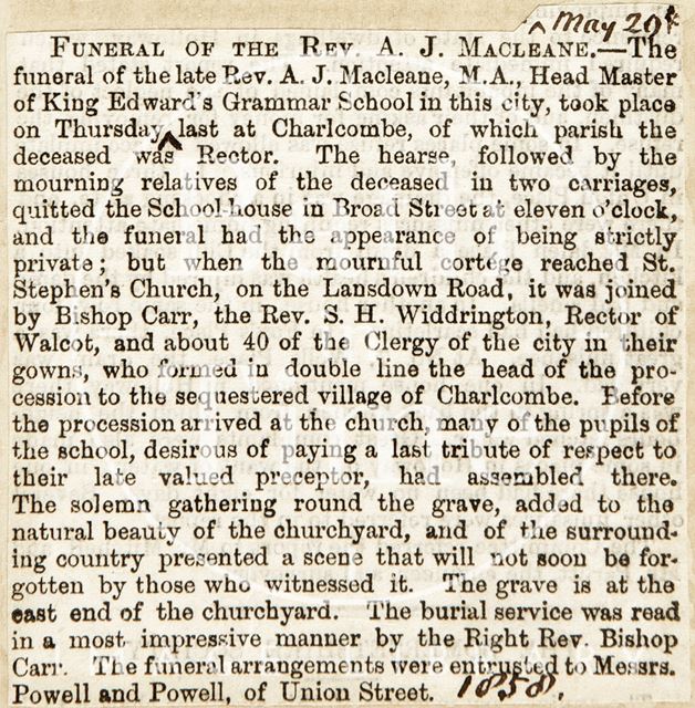 Funeral of Rev. A. J. Macleane 1858