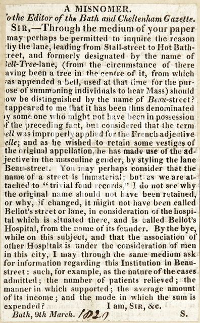 A Misnomer regarding Beau Street and Bellott's Hospital, Bath 1820