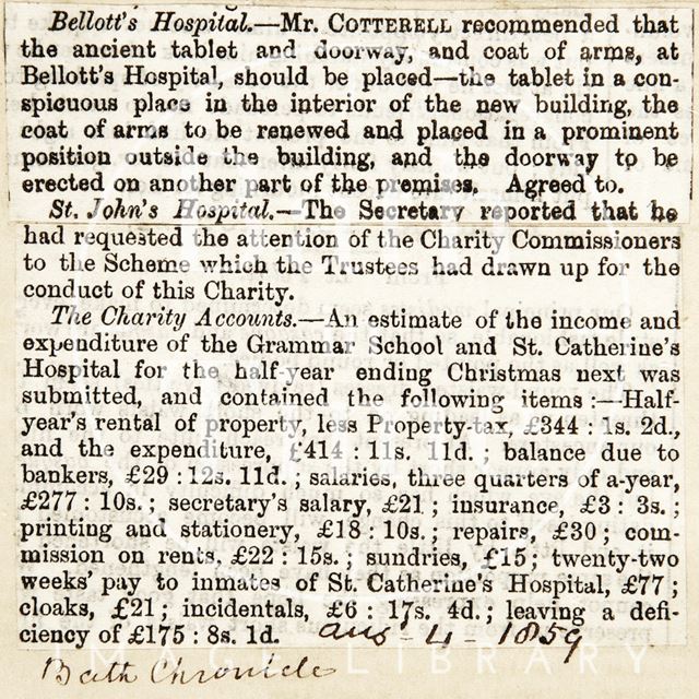 Bellott's Hospital, St. John's Hospital and the Charity Accounts, Bath 1859