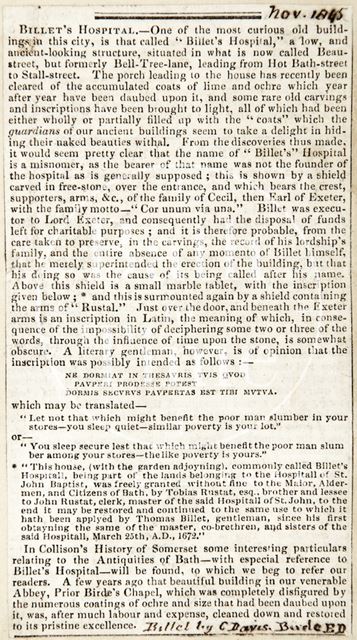 History of Bellott's Hospital, Bath 1845