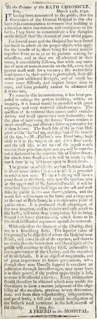 Regarding the plans of the Governors of the General Hospital to move or expand the hospital, Bath 1792