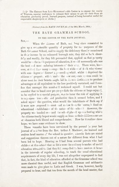 Letter concerning Bath Grammar School 1854