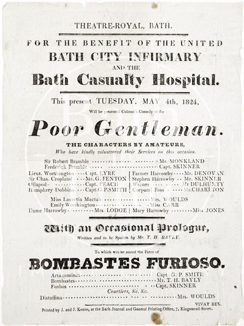 Theatrical Production of 'Poor Gentlemen' at Theatre Royal Bath, for benefit of the United Bath City Infirmary and the Bath Casualty Hospital 1824