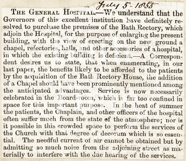 General Hospital purchase of the Bath Rectory 1855