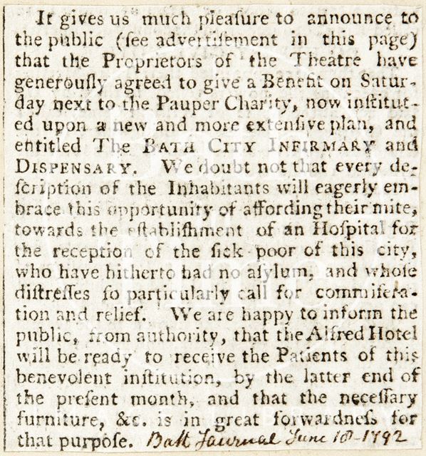 Theatre benefit for the pauper charity, Bath 1792