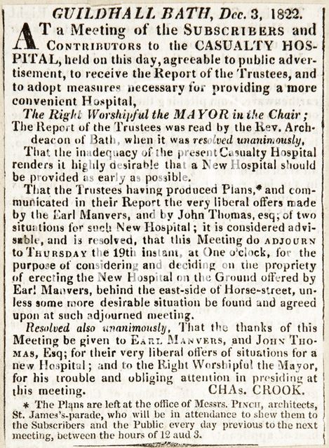 Meeting of subscribers to the Bath Casualty Hospital 1822