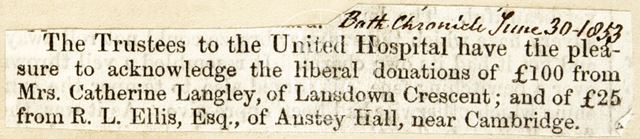 Donations to the United Hospital, Bath 1853