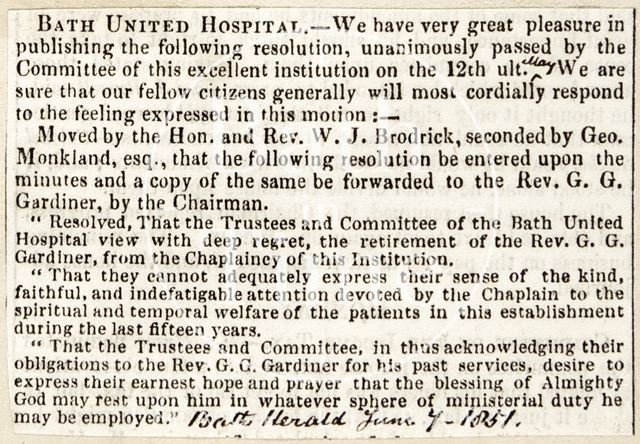 Rev. G.G. Gardener retiring, Bath United Hospital 1851