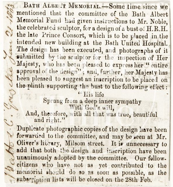 Bath Albert Memorial, bust made by Celebrated Sculptor Mr. Noble to be placed in Bath United Hospital 1863