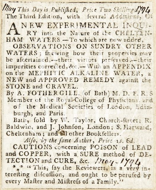 A New experimental enquiry into the nature of the Cheltenham waters 1794